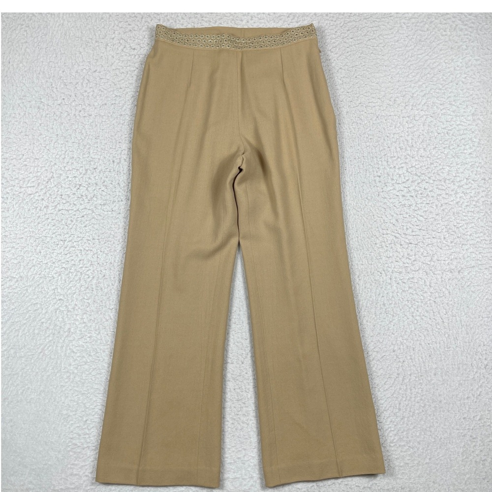 Oscar de la Renta Dress Pants Womens 10P Tan Wool Wide Embroidered Trim Petite